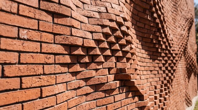 Architectural close up of a modern wavy parametric red brick wall under sunlight