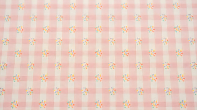 Light pink plaid fabric texture with small cute flower pattern