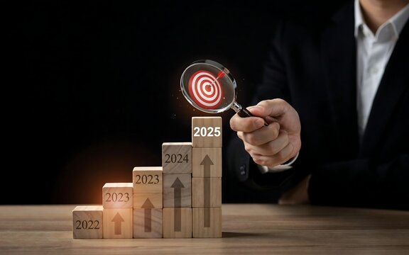 Business person holding magnifying glass focusing on target above wooden blocks showing years 2022 to 202