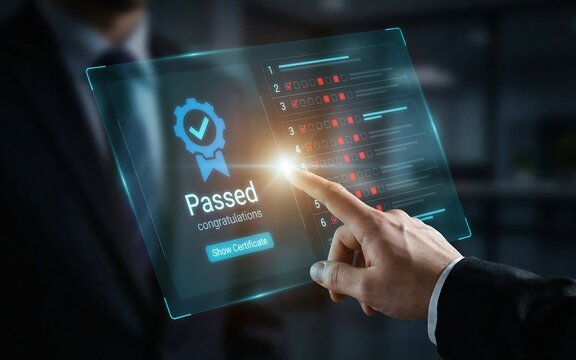 Business professional touching a digital screen displaying a quality control passed certificate icon