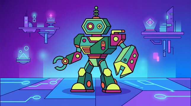 A colorful, cartoon-style robot stands in a futuristic, neon-lit environment with floating platforms and circuit board motifs.