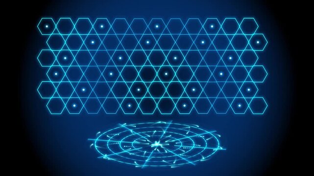 Holographic hex grid telemetry interface with blue neon glow
