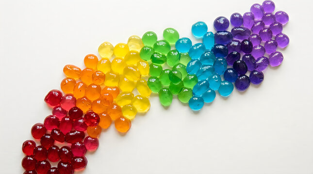 Colorful rainbow water beads arranged in a curved line isolated on a white background