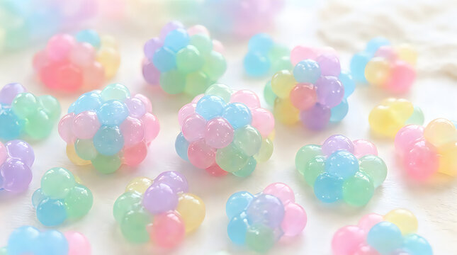 Colorful round jelly candy balls arranged in groups on a white background