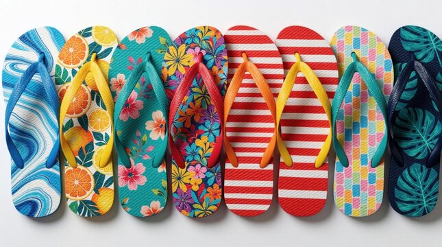 Row of colorful flip flops with various patterns. Summer footwear collection features floral, tropical, geometric, striped designs. Bright sandals for beach vacation, sunny holiday lifestyle.