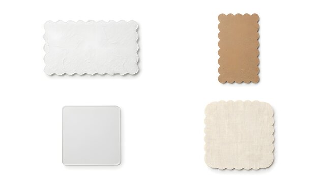 Collection of four scalloped and square coasters made from various materials on white background