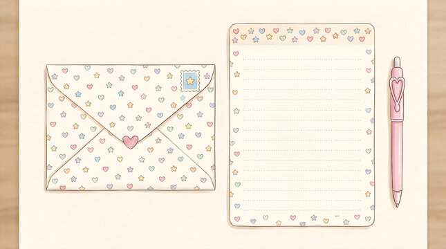 Cute hand drawn envelope with letter paper and pink pen for writing notes