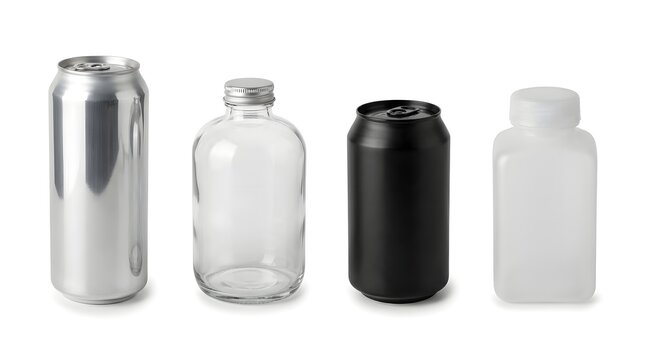 Assorted beverage containers including aluminum cans and plastic bottles for recycling concepts