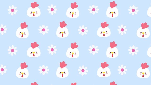 Seamless pattern animation of cute cartoon chickens and flowers