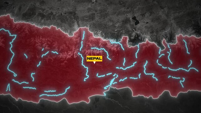 Nepal map animation with highlighted river lines