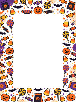 Halloween candy and pumpkin border design featuring festive colorful treats for seasonal event invitations.