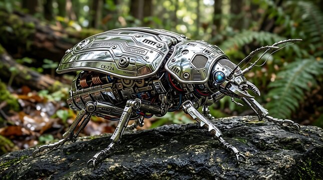 Steampunk beetle robot crawling on dark textured surface