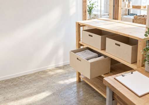Inventory shelves with storage bins and copy space in a small retail backroom