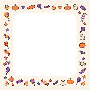 Minimalist halloween border with cute ghosts pumpkins and candy for seasonal celebration flyers.