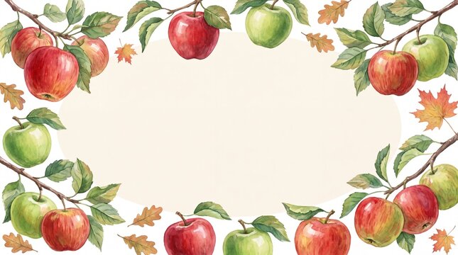 Watercolor Autumn Harvest Apple Frame Template With Copy Space