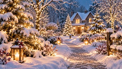Obraz premium Winter Scene With a Cozy House and Illuminated Pathways in a Snowy Garden