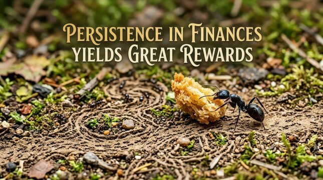 Ant carrying food, symbolizing persistence and rewards in finance and business