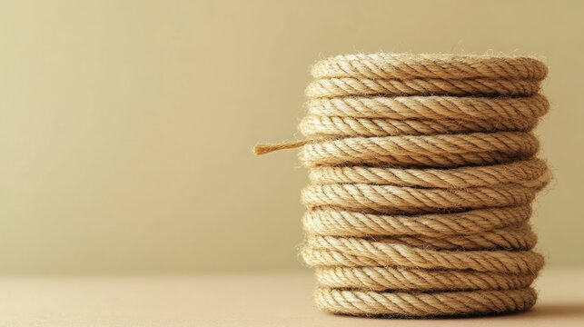 A neatly stacked pile of natural beige jute rope coils, ready for use in crafting or nautical projects
