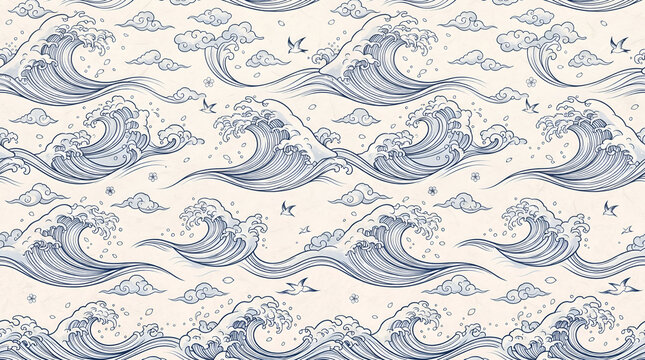 seamless abstract pattern, seamless traditional-inspired pattern featuring stylized ocean waves, small clouds, and elegant linework, refined Japanese aesthetic