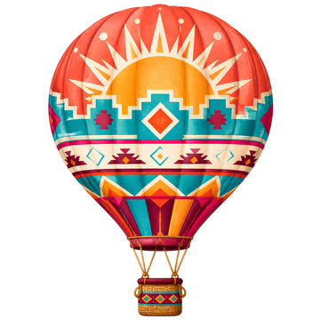 Hot air balloon with sun and New Mexico Zia symbol pattern floating in the sky