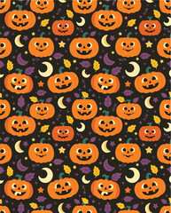 Obraz premium Cute pumpkins pattern showcases small smiling jack o lanterns interspersed with stars and moons.