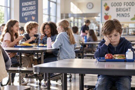 Kids at Lunch in School, Some Are Laughing While One Sits Alone