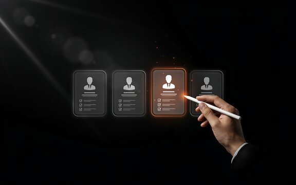 Hand pointing at digital personnel profile selection menu with floating user interface elements