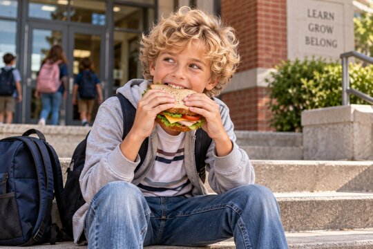 Boy Enjoys a Large Sandwich While Sitting on Steps Outside of a School
