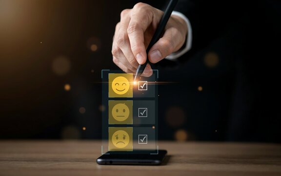 Hand using a stylus on a smartphone screen to select a positive customer satisfaction rating