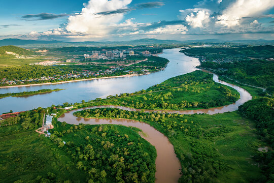 Aerial view of the Mekong River at the Golden Triangle of Thailand, Myanmar and Laos