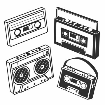 Retro cassette tapes and boombox audio equipment