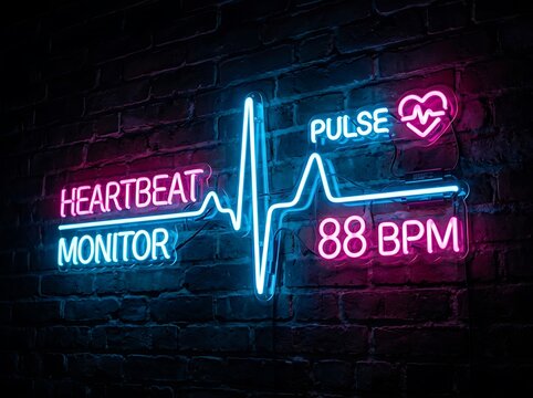 Heartbeat monitor displaying pulse rate of 88 BPM with neon sign style