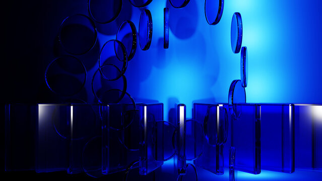 Abstract dark 3D background with floating blue glass discs and vertical geometric panels
