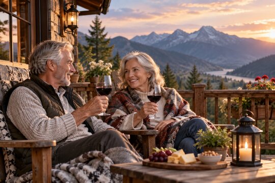 Couple Enjoying Wine and Snacks on a Mountain Balcony During Sunset