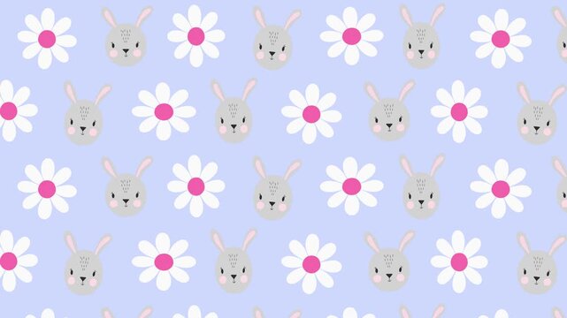 Seamless background pattern of cute bunnies and daisy flowers