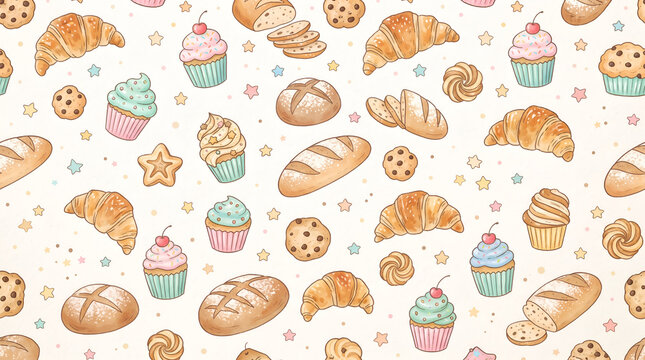 seamless pattern of croissants, cupcakes, cookies, bread loaves, and tiny stars, charming hand-drawn illustration style, playful pastel palette