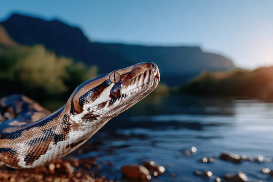 A reticulated python surveys its watery domain with mountains in the background, the snake's scales gleaming in the sunlight. This reptile's natural habitat highlights its beauty