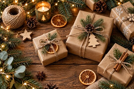 Presents Arranged on a Wooden Table With Christmas Decorations and a Warm Candlelight Glow