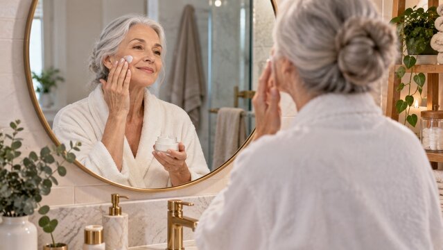 Older Woman Applying Cream to Her Face While Looking in the Bathroom Mirror