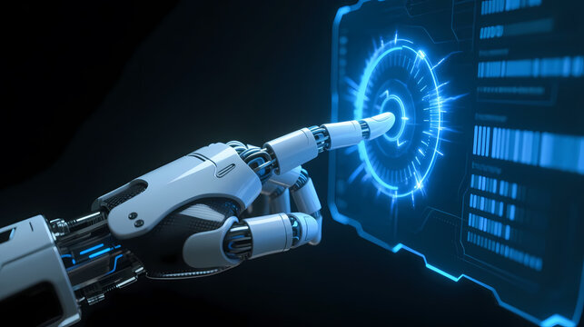 White robotic arm touching blue hologram