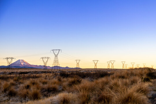 View of electricity transmission towers stretching across the golden tussock landscape with Mount Ruapehu in the background in Waiouru, Manawatu-Whanganui, New Zealand.