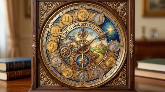 Antique ornate desk clock with intricate steampunk gears and celestial motifs, symbolizing time