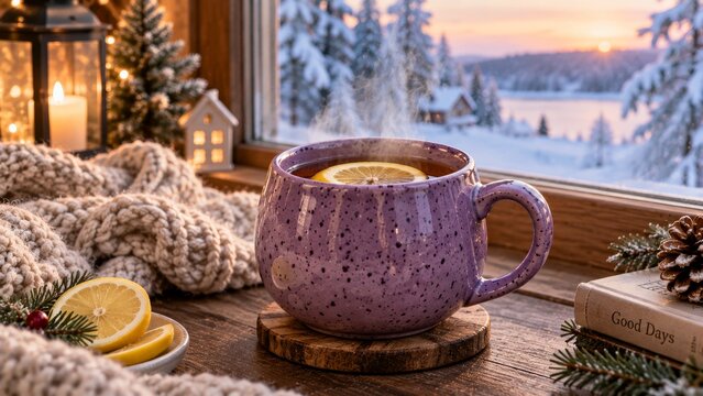 Warm Drink With Lemon in Purple Mug by Window During Winter Sunset