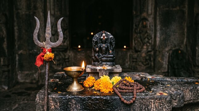 Kalabhairav Jayanti devotional still life with trident, rudraksha beads and brass diya