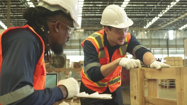 Team carpenters measures processed lumber tape measure ensure the lengths meet specifications records the data production pallets platforms used stacking storing transporting goods  factory warehouse.