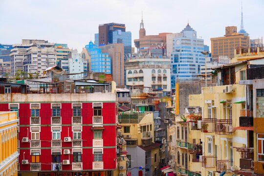 Macau city downtown skyline with old and modern architecture. Macau cityscape in China.