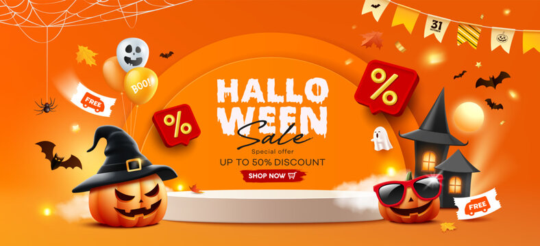 Happy Halloween sale podium display, celebrate fancy pumpkin, bat flying banner design on orange background
