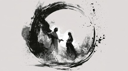 Fototapeta premium Ink-style monochrome depiction of the Annunciation: angel Gabriel speaking to Mary within a sweeping circular brush, silhouetted figures evoking divine revelation and reverence