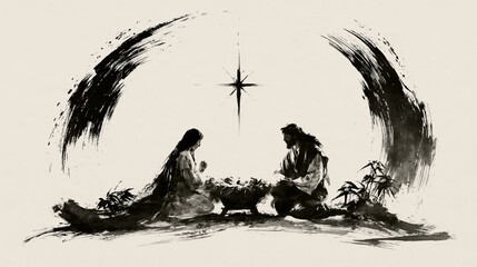 Fototapeta premium Monochrome ink-style depiction of the Nativity: Mary and Joseph kneeling beside the infant Jesus in a manger under the guiding Bethlehem star, peaceful reverence
