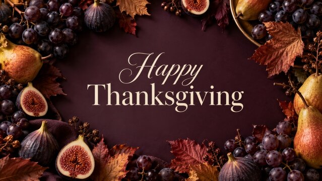 Thanksgiving Celebration With Seasonal Fruits and Autumn Leaves on a Dark Background